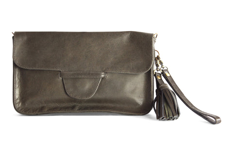 JANE LEATHER CLUTCH IN OLIVE GREY - PURE Accessories